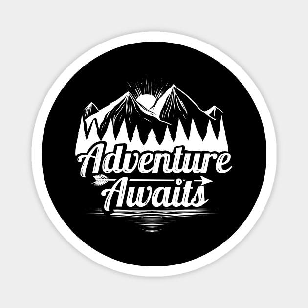 Sunrise In The Mountains Logo Adventure Awaits On Camping Magnet by SinBle